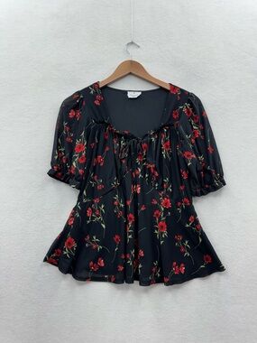 Ember Women's Large Black Red Floral Blouse